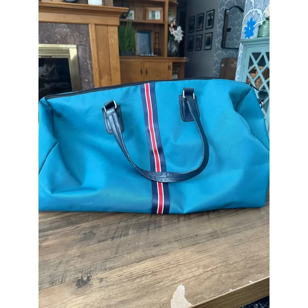 PUNCH Nylon Blue Gem Tone Duffle Bag with Red and Blue Designer Crossbody Detail